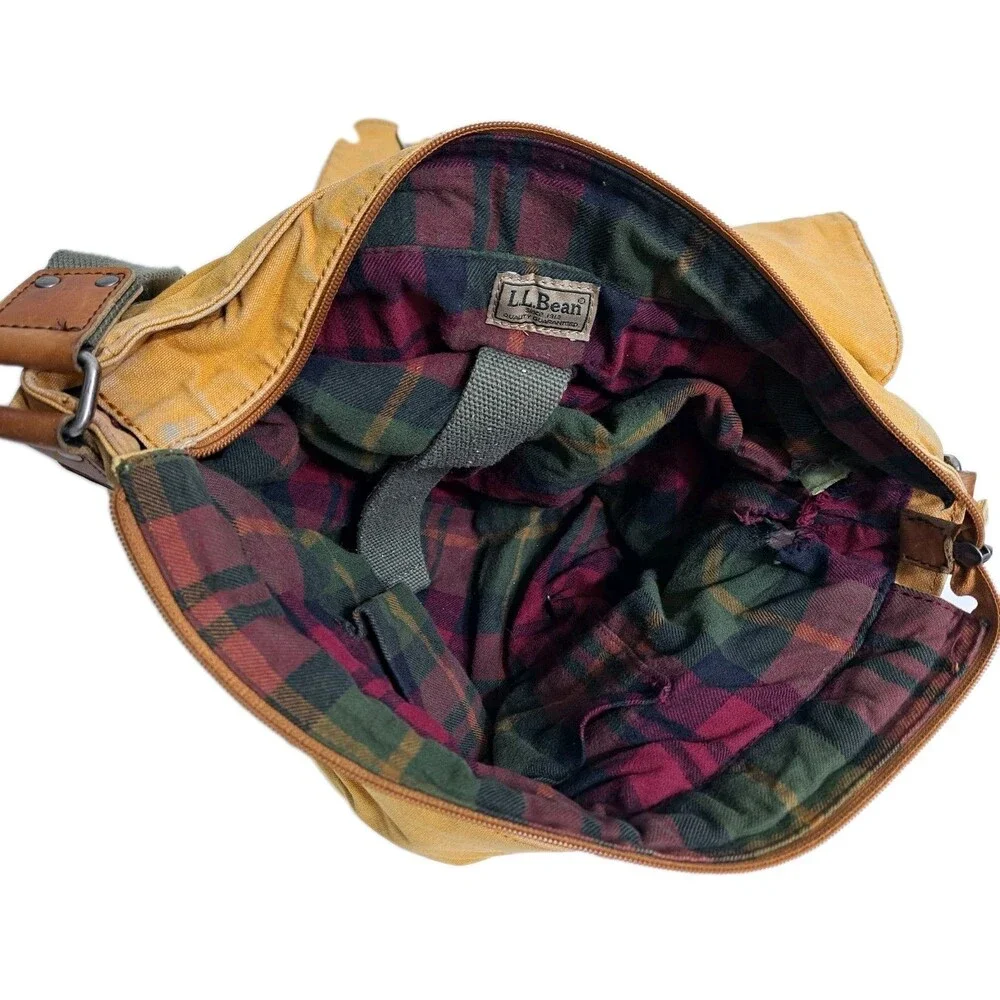 LL Bean Canvas Messenger Bag Distressed Plaid Lined Vintage Army School Travel